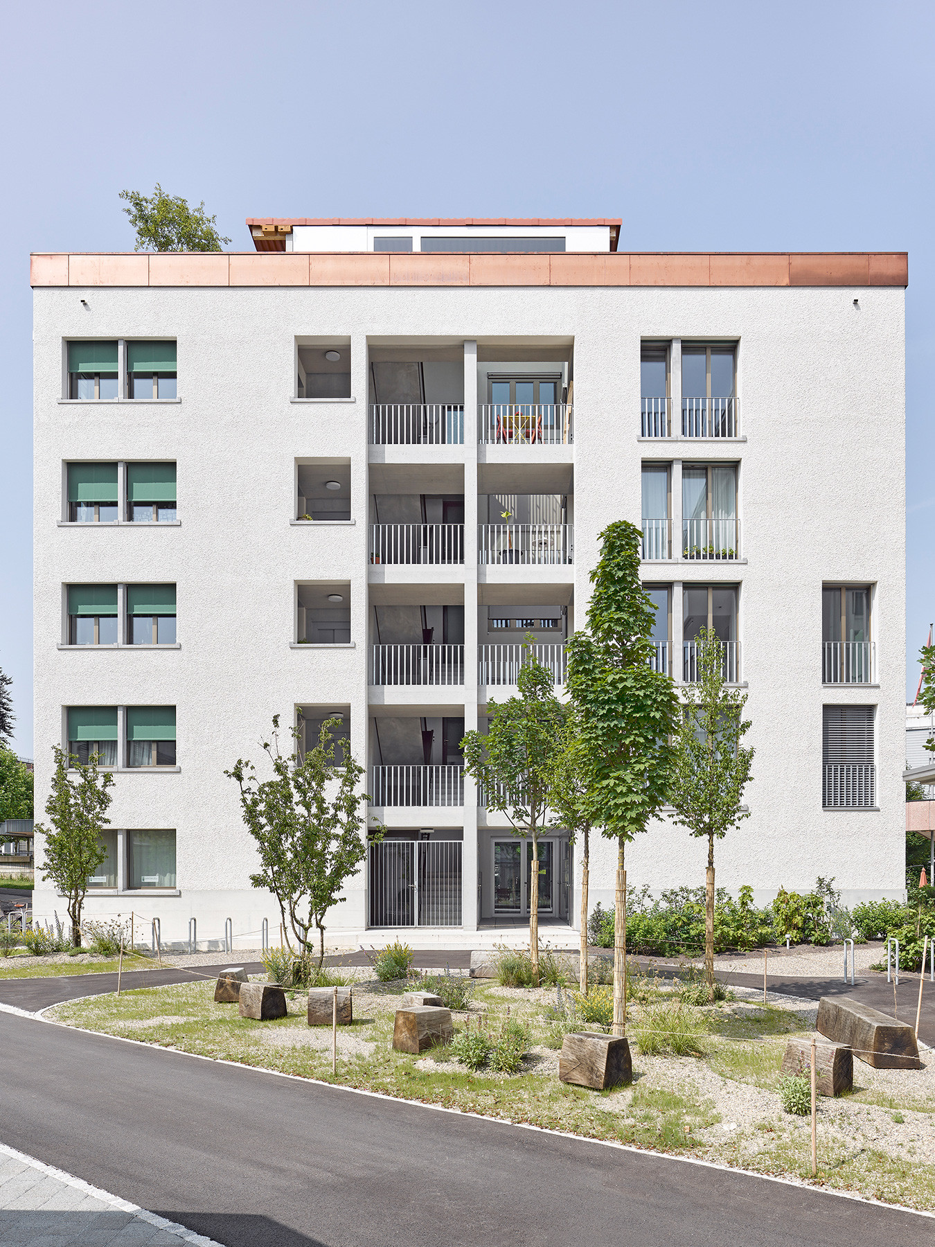 Ostfassade des Wohnhauses in Sursee mit klar gegliederter Fassade und Begrünung im Vordergrund.