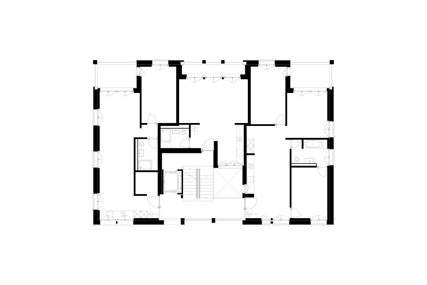 Grundriss Regelgeschoss mit Wohnungen und Laubengang.