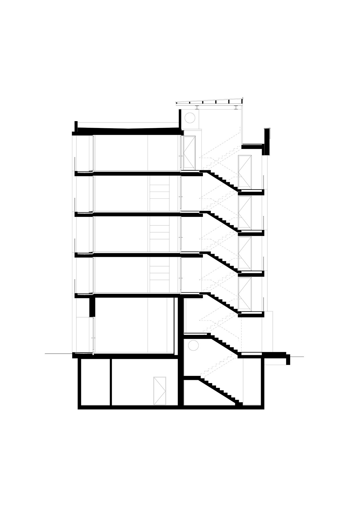 Schnitt durch das Wohnhaus mit Darstellung von Laubengang, Wohnungen und Gemeinschaftsbereichen.