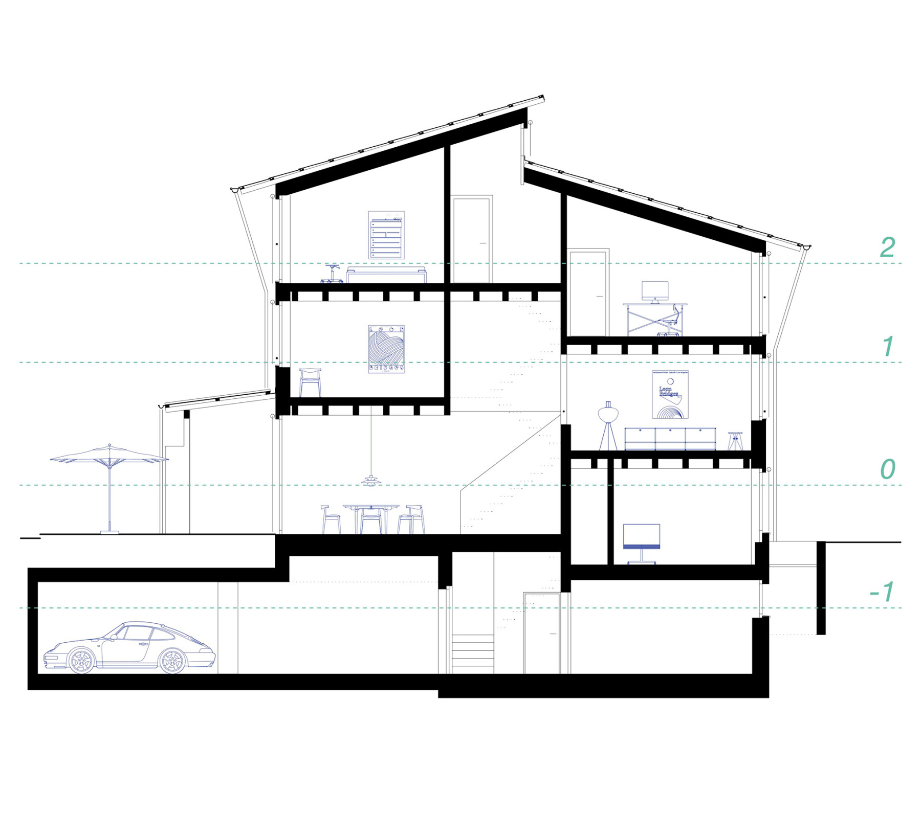 Schnitt durch ein Reihenhaus am Hofbachweg in Oberkirch mit versetzten Wohnebenen, kompaktem Volumen und integrierter Einstellhalle von Kunz Architekten / kunzarchitekten Sursee