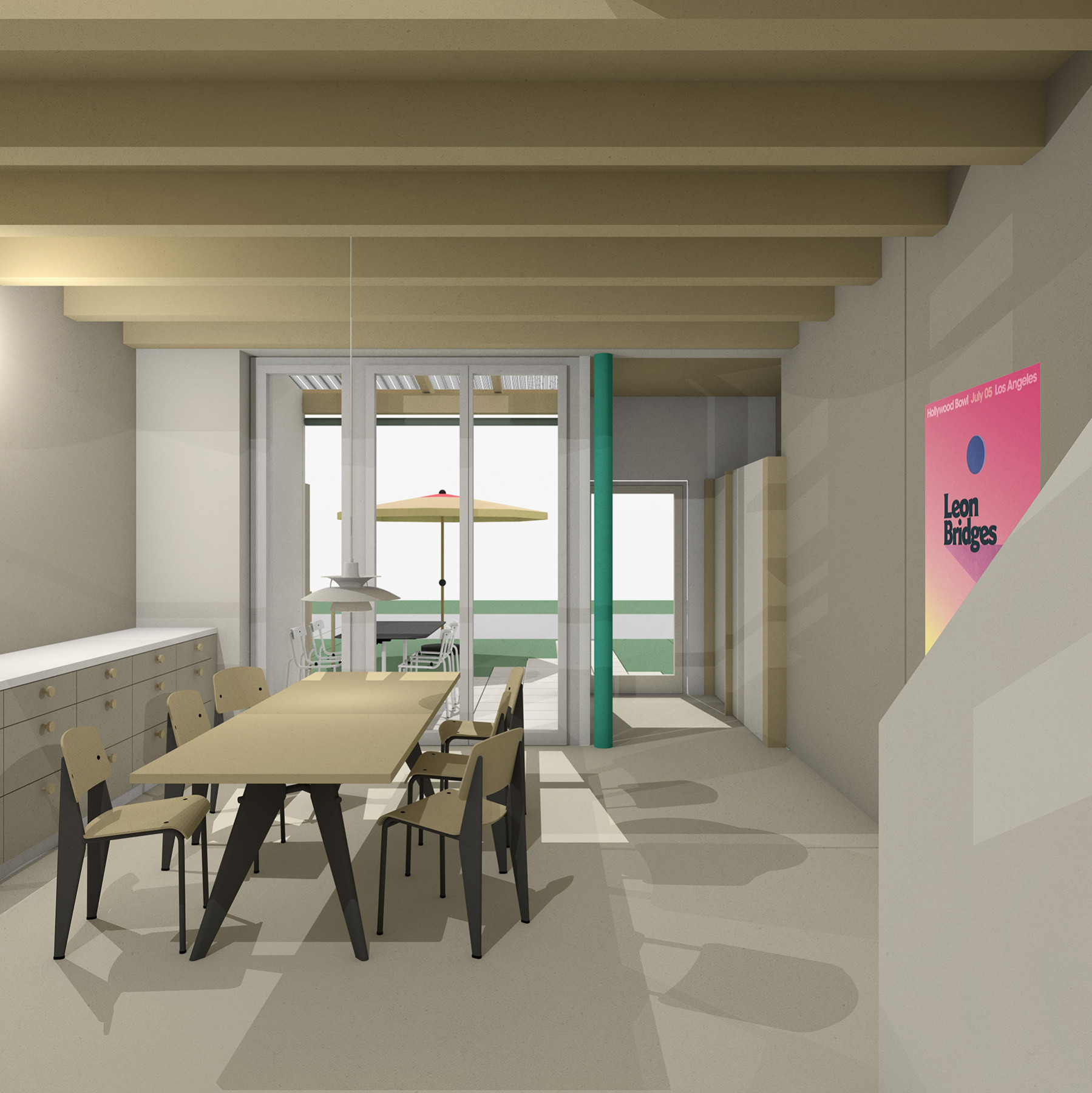 Innenraum eines Reihenhauses am Hofbachweg in Oberkirch mit offener Küche, Essbereich, Holzdecke und direktem Bezug zur Terrasse von Kunz Architekten / kunzarchitekten Sursee