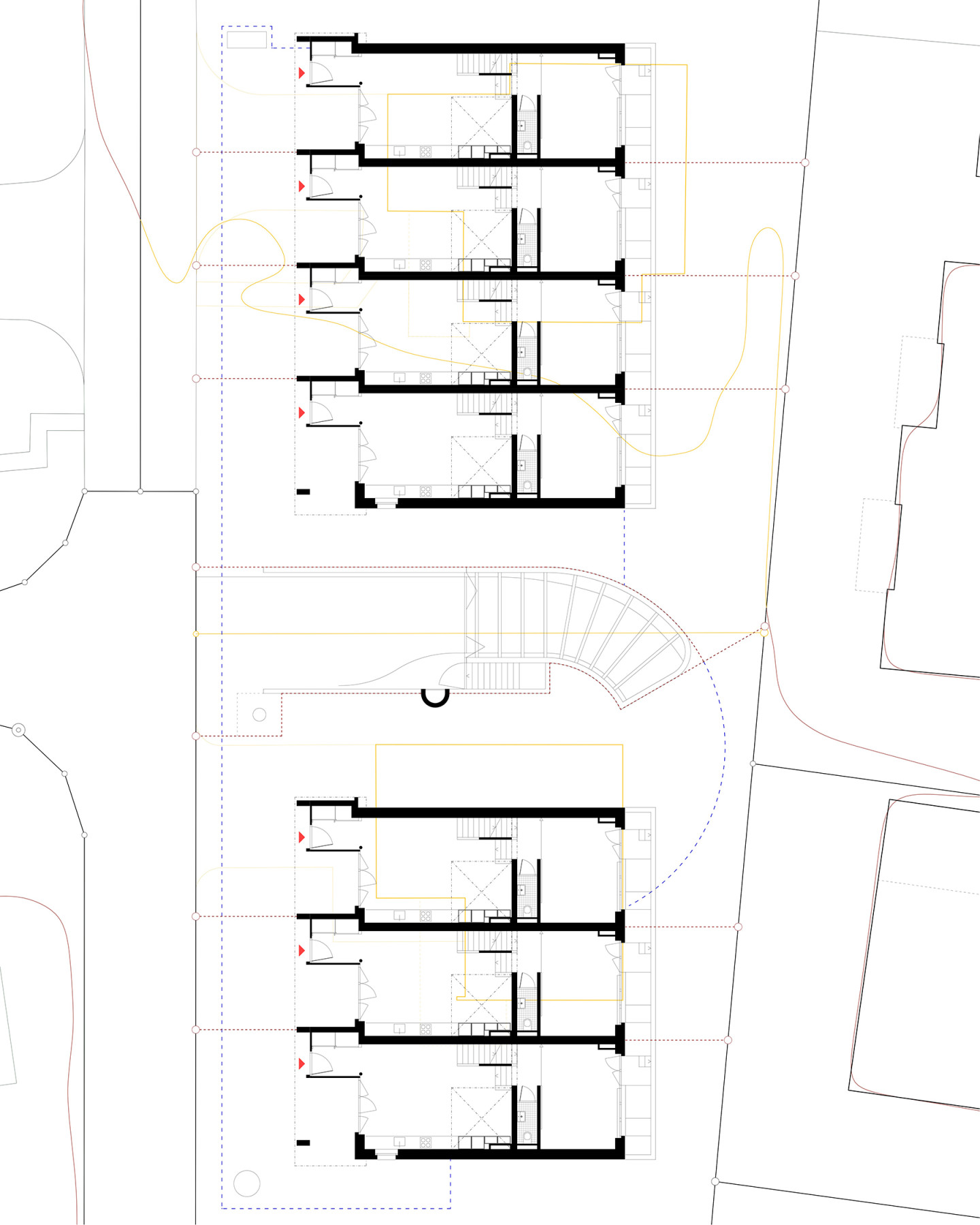 Reihenhausüberbauung Hofbachweg in Oberkirch mit kompakter Setzung, gemeinsamer Erschliessung und sieben Familienhäusern von Kunz Architekten / kunzarchitekten Sursee
