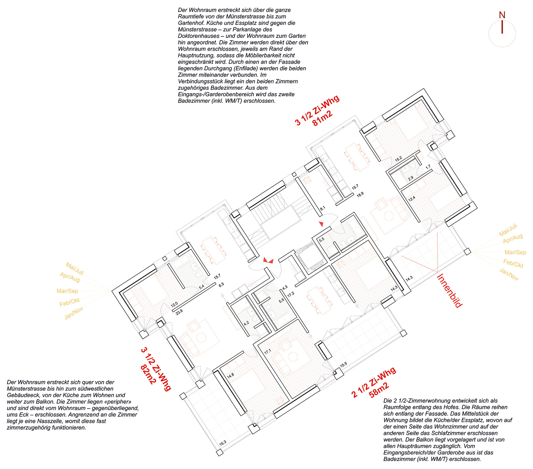 Dreispänner-Grundriss mit durchgesteckten Wohn- und Essräumen, die für eine optimale Raumnutzung sorgen. Alle Wohnungen profitieren von einer privilegierten Ausrichtung und hervorragender Besonnung. Die Schlafräume liegen lärmabgewandt und können problemlos belüftet werden. Die Küche ist im Erkerraum integriert und bietet einen hellen, großzügigen Kochbereich.