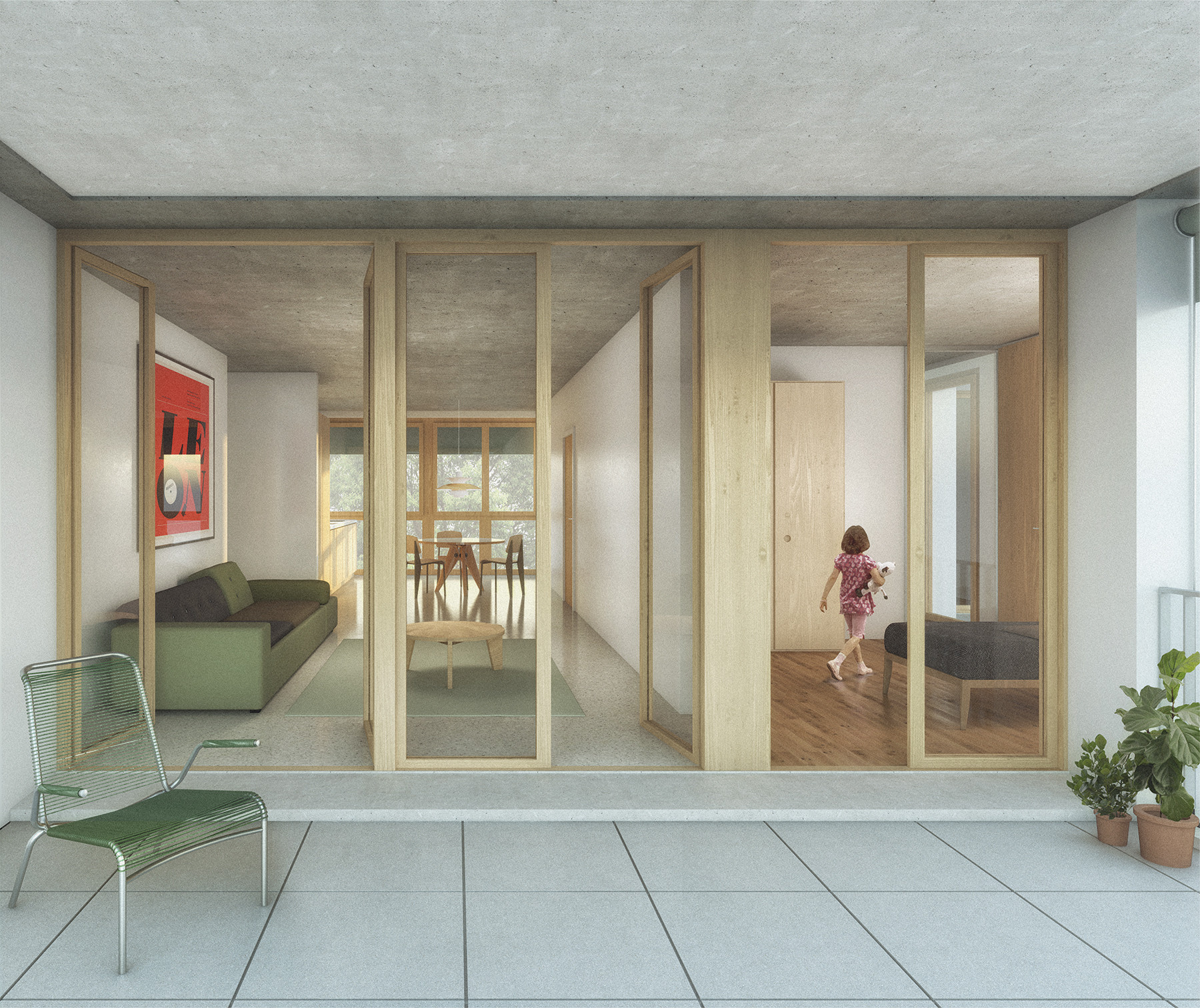 Der grosszügige Aussenraum ist sowohl vom Schlafzimmer als auch vom Wohnraum aus direkt zugänglich. Die durchgesteckte Wohnung profitiert von einer optimalen Ausrichtung, was für eine gute Belichtung sorgt. Helle Materialien und Oberflächen verleihen den Innenräumen eine angenehme Wohnatmosphäre.