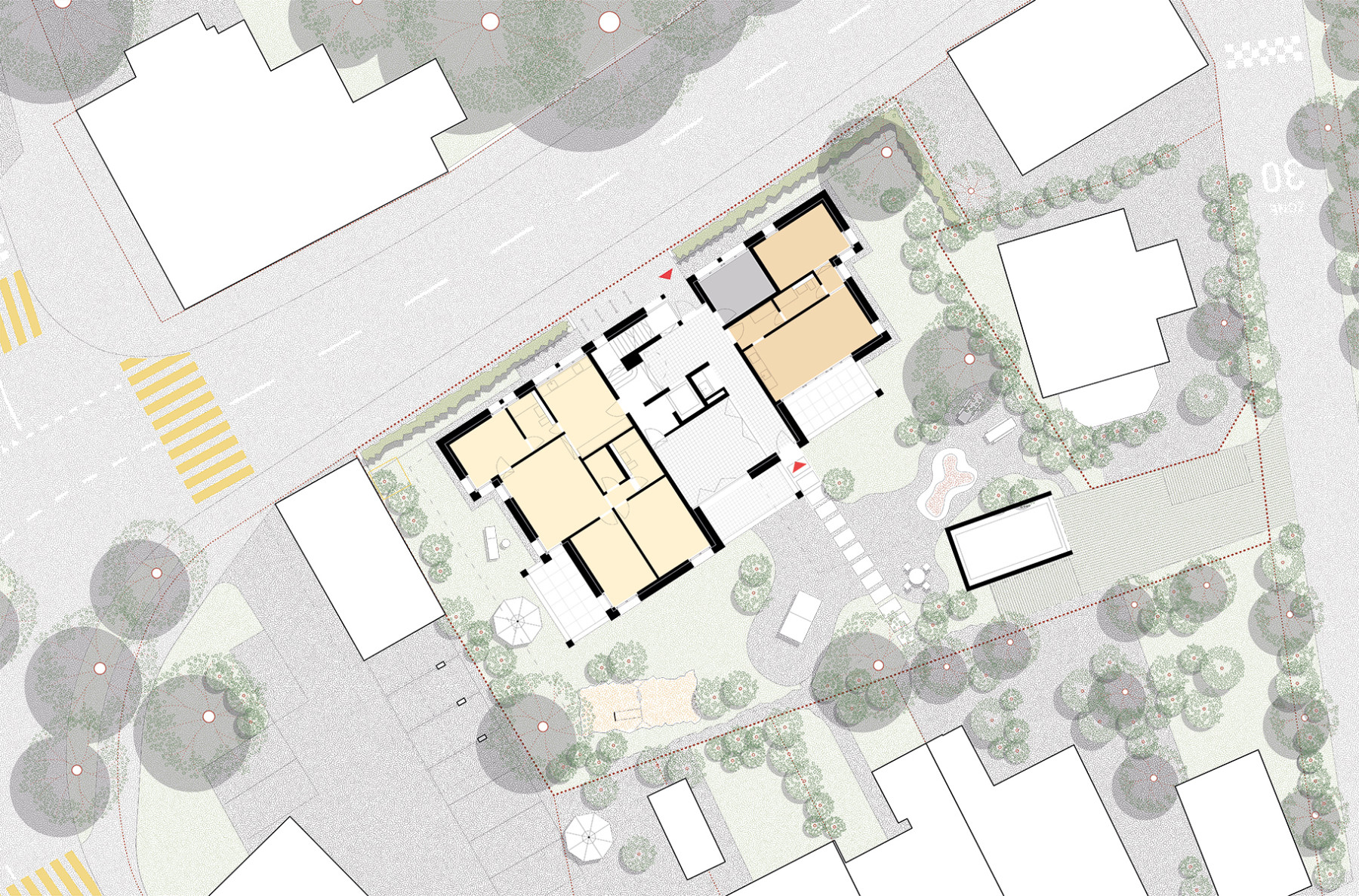 Im Erdgeschoss befinden sich zwei Gartenwohnungen mit direktem Zugang zum südlich gelegenen Garten, der abseits der Strasse eine ruhige und sonnige Rückzugsmöglichkeit bietet. Zusätzlich gibt es einen Veloraum und einen Gemeinschaftsraum, der ebenfalls direkten Zugang zum Garten hat.