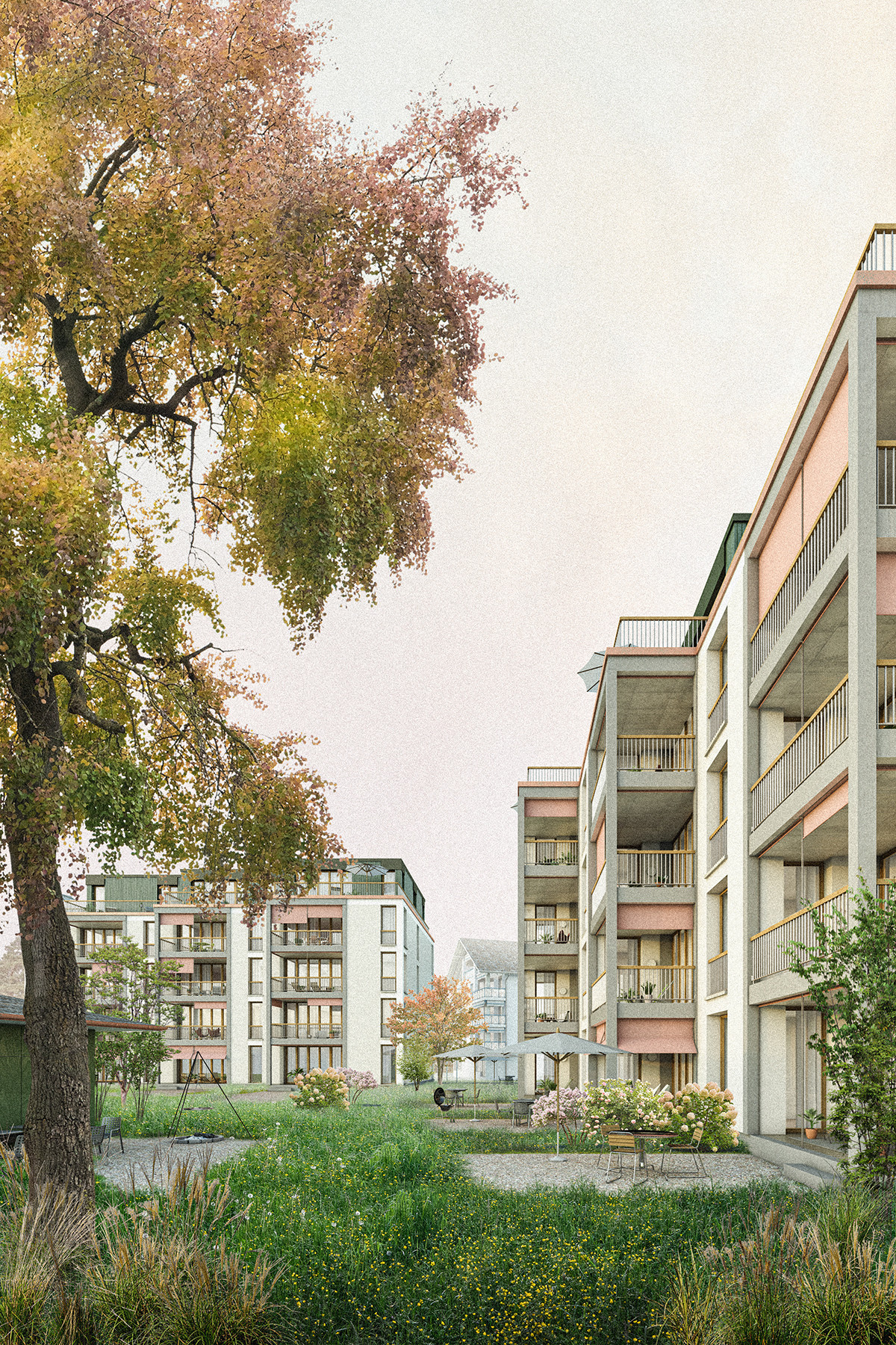 Visualisierung des neuen Wohnensembles an der Münsterstrasse in Sursee mit vorgelagerten Gärten und gezielt gesetzter Durchlässigkeit im Aussenraum.