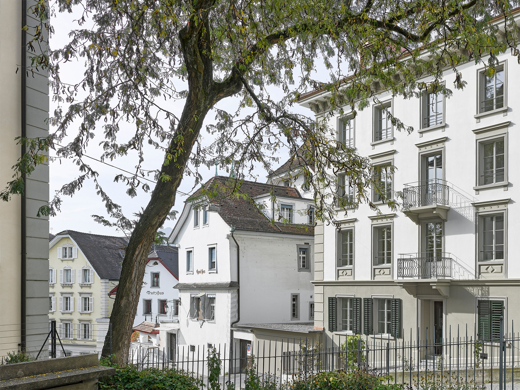 Frisch saniertes Altstadthaus mit grünen Fensterläden, hellem Fassadenputz und grauen Steingewänden in der Altstadt von Luzern