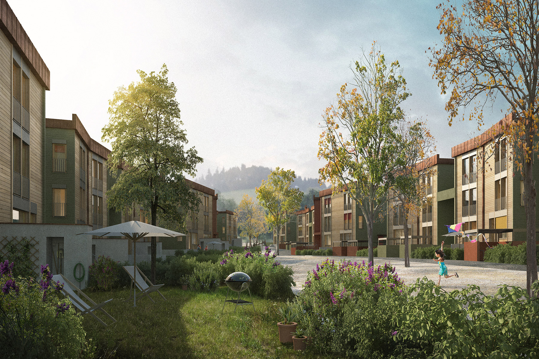Visualisierung des Studienauftrags Schwyzermatt in Willisau, Blick aus dem privaten Westgarten auf den grosszügigen gemeinschaftlichen Platz in der Siedlungsmitte.