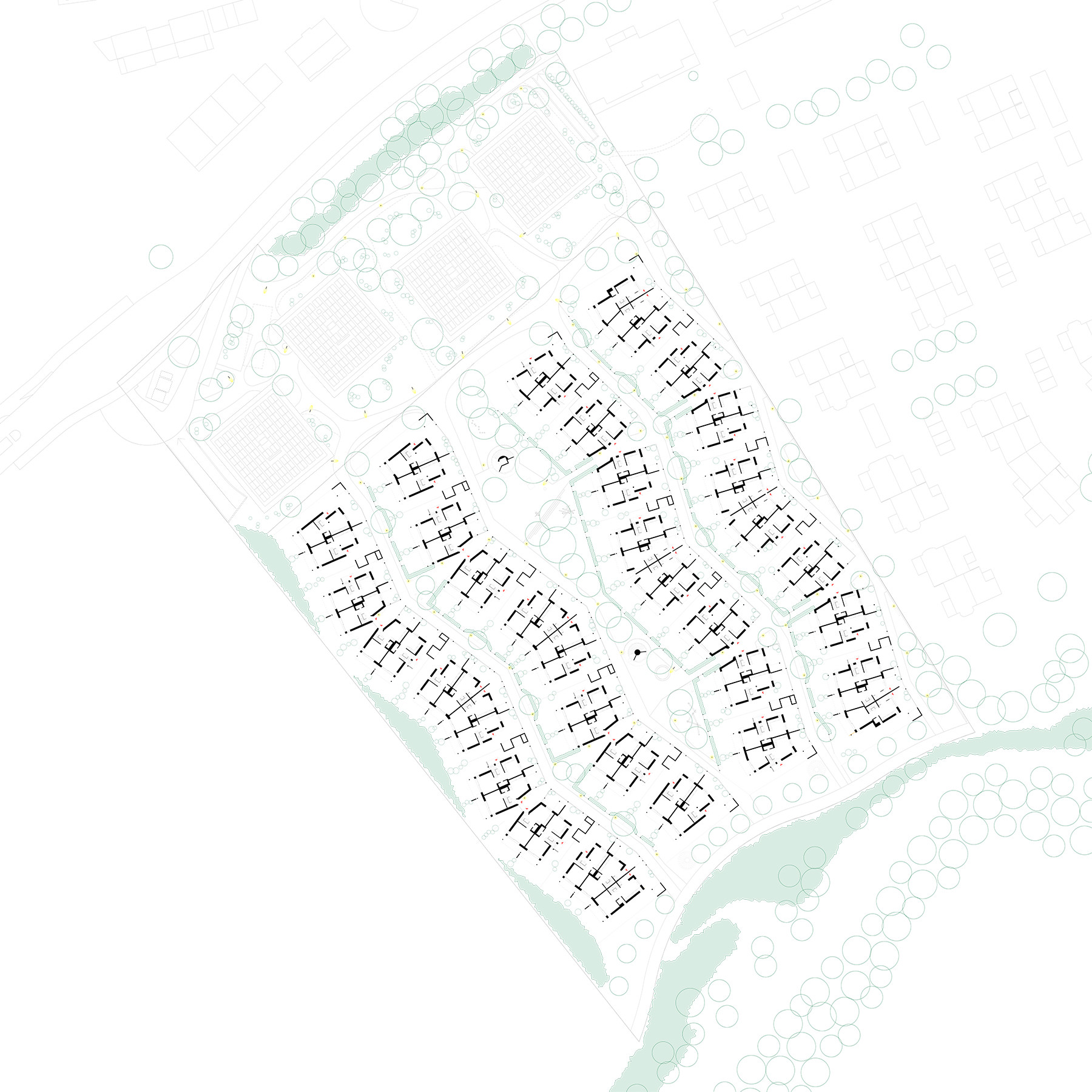 Grundrissplan des Erdgeschosses der Wohnüberbauung Schwyzermatt in Willisau mit Reihen- und Doppelhäusern, Höfen, Gassen und gestalteter Umgebung.