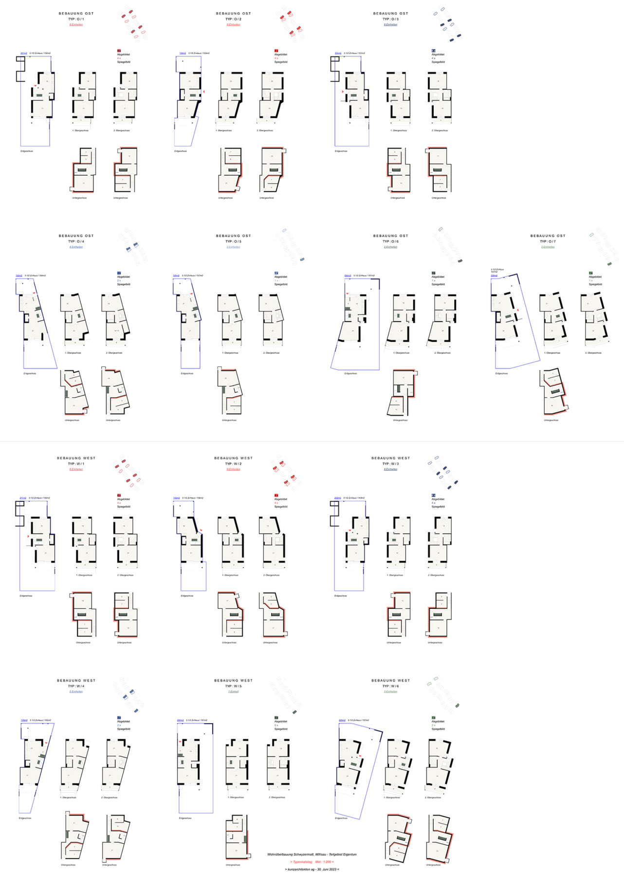 Grundrisse aller 13 Haustypen der Wohnüberbauung Schwyzermatt in Willisau, dargestellt von Untergeschoss bis 2. Obergeschoss.